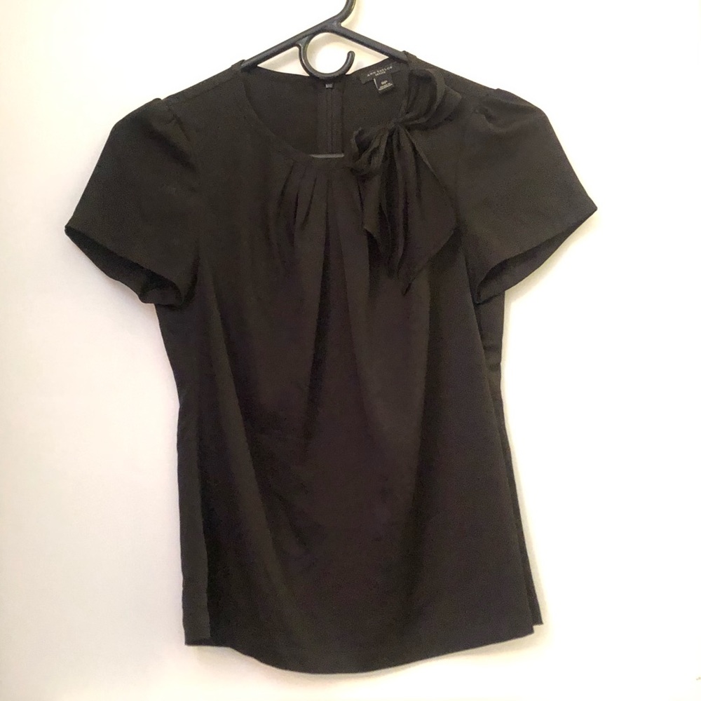 Petite black short sleeve blouse w/ bow!